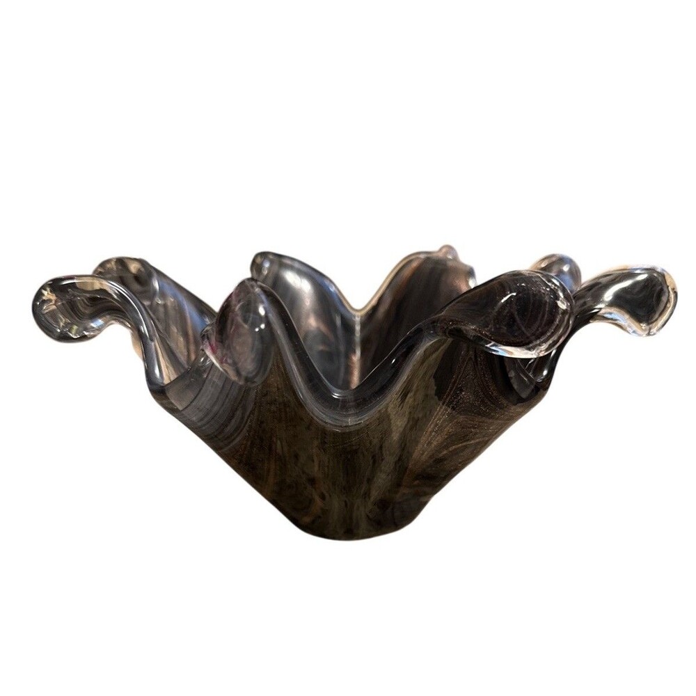 Murano Hand Blown Art Glass Bowl Black Copper & Clear Swirl Ruffled Edge Italy